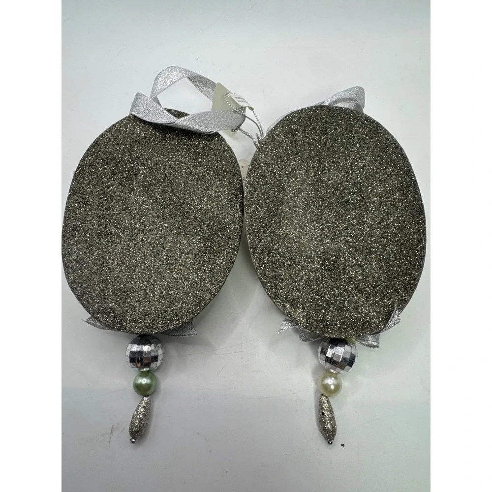 Vintage Santa Claus Head Ornaments‎ Pair Silver Glitter Disco Ball Faux Fur 2pc
